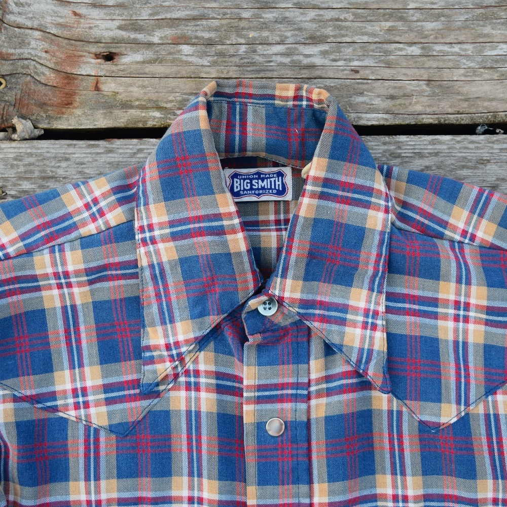 1960s Big Smith Men's S Sanforized Union Made Blue Plaid Western Snap Shirt